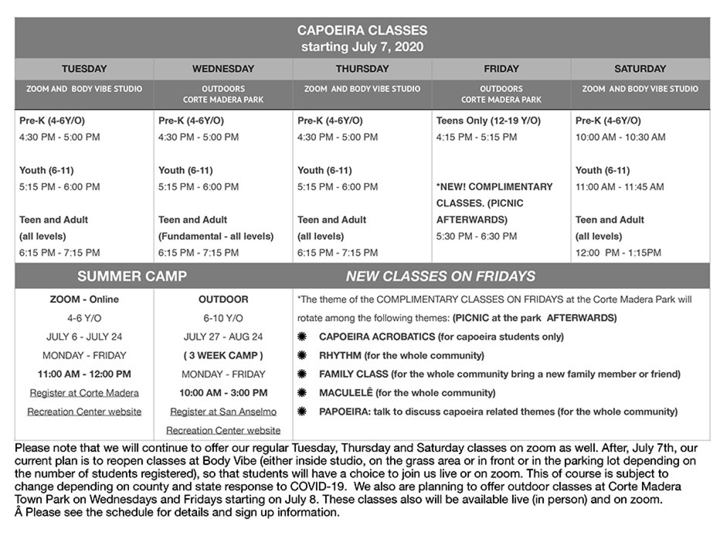 SUMMER SCHEDULE 2020  COVID-19